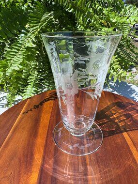 Vintage Susquehanna Etched Floral Footed Iced Tea Glass, MCM Crystal Tumbler